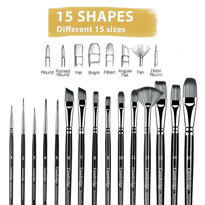 Set of 15 Premium Fine Artist Brush Set with Durable Case - The Cambridge