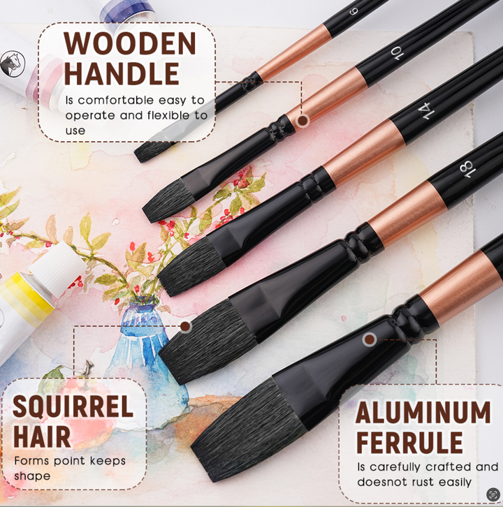 NEW - Set of 6 Synthetic Squirrel Hair Set – Premium Flat Head Watercolour Brushes